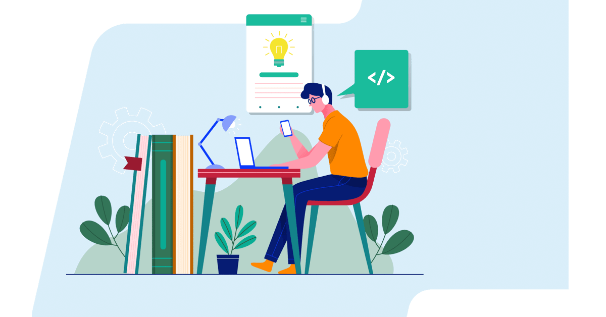 A person working at a desk with a laptop, holding a smartphone, surrounded by books, a desk lamp, and plants.